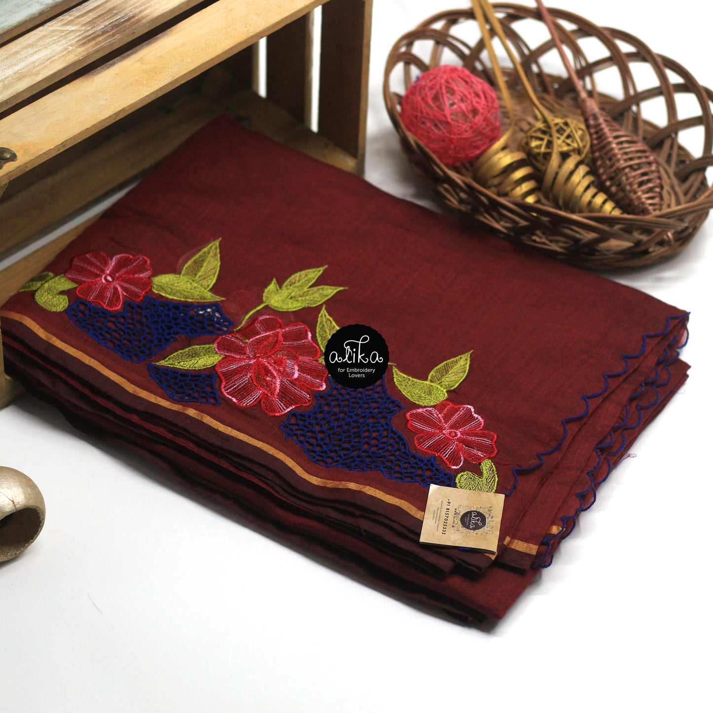 Dark Maroon Chanderi Silk Saree with Rose Floral Embroidery and Twin Cutwork!