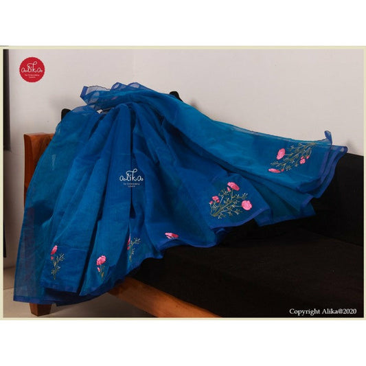 Blue Silky Kota Saree with Floral Bunches