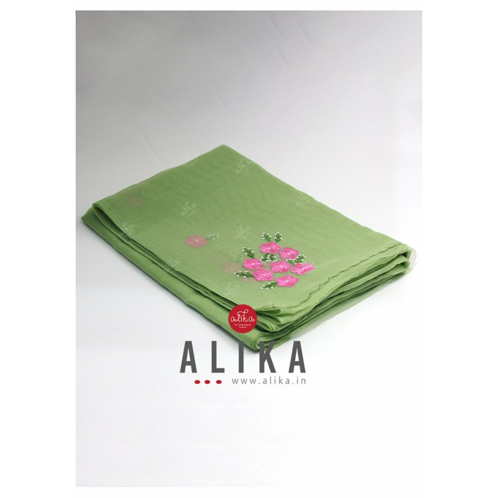 Green Kota Saree with Pink Shaded Floral Embroidery