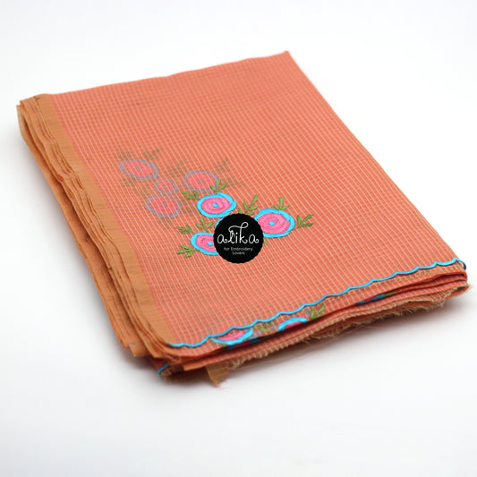 Peach Check Kota Saree with Floral Embroidery
