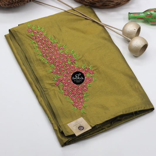 Soft semisilk in olive green shade designed with lazy daisy floral pattern embellished with bead work