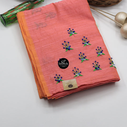 Peach chanderi silk saree with long sprig bullion bunches scattered across saree