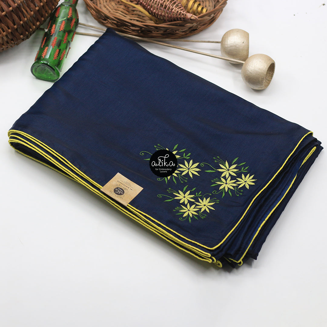 Navy Blue Semi Silk Saree with Scattered Yellow Floral Bunches Scattered Across Saree