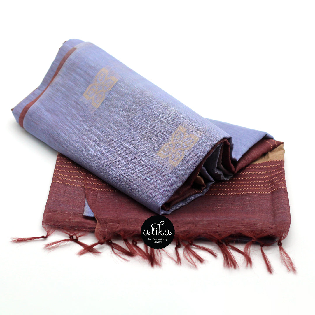 Light ash blue  and dark brown combo- Jute weave saree