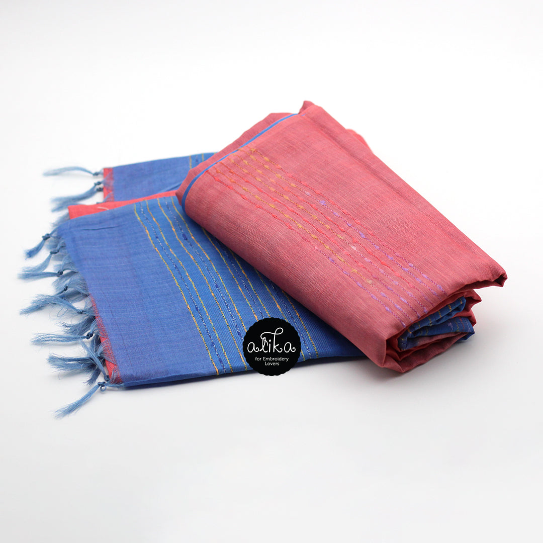 Pink and blue combo- Jute weave saree