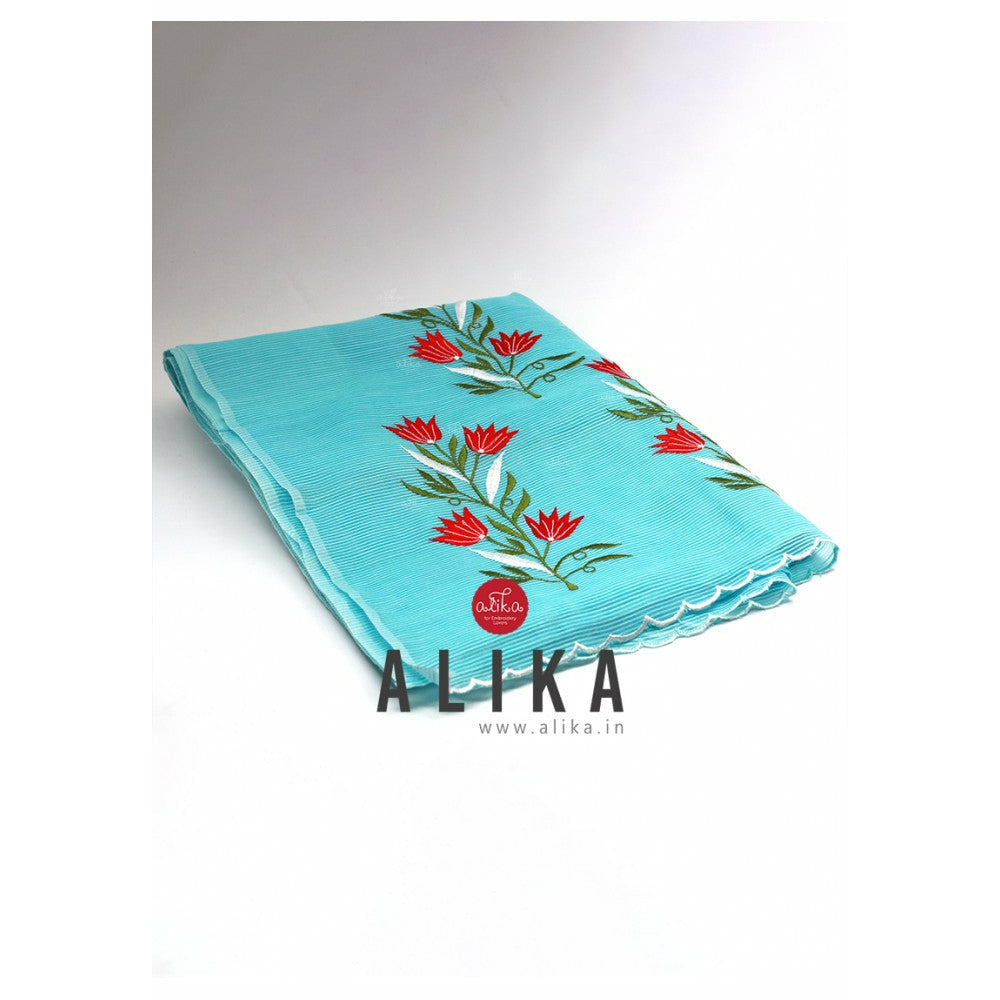 Sky Blue Striped Kota Saree with Red-shaded Floral Bunches