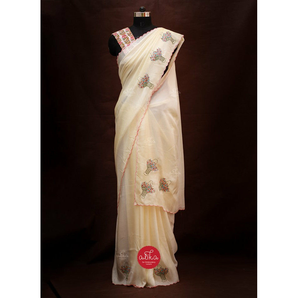 Cream Shade Crepe Silk Saree with Floral Basket Bunches