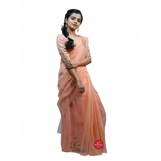 Light Peach Kota Saree with Floral Embroidery