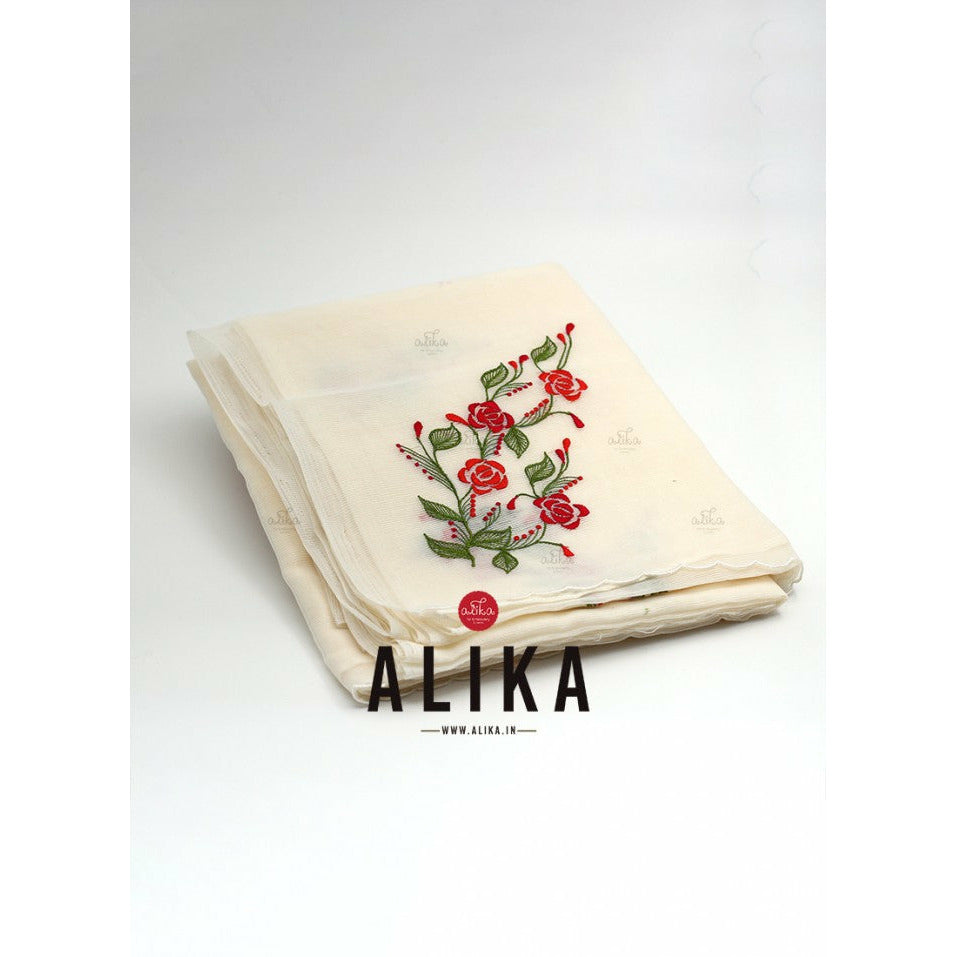 ﻿ Cream Shade Kota Saree with Red Shade Floral Sprig Embroidery