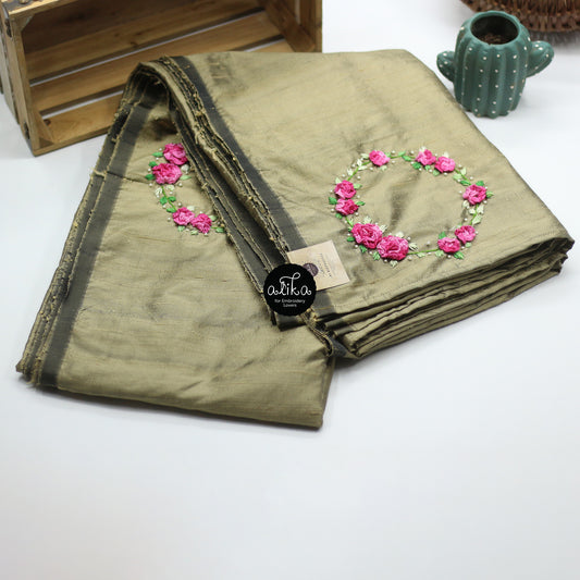 MEHENDI GREEN raw silk saree with pink floral hand embroidery and bead embellishments scattered across saree