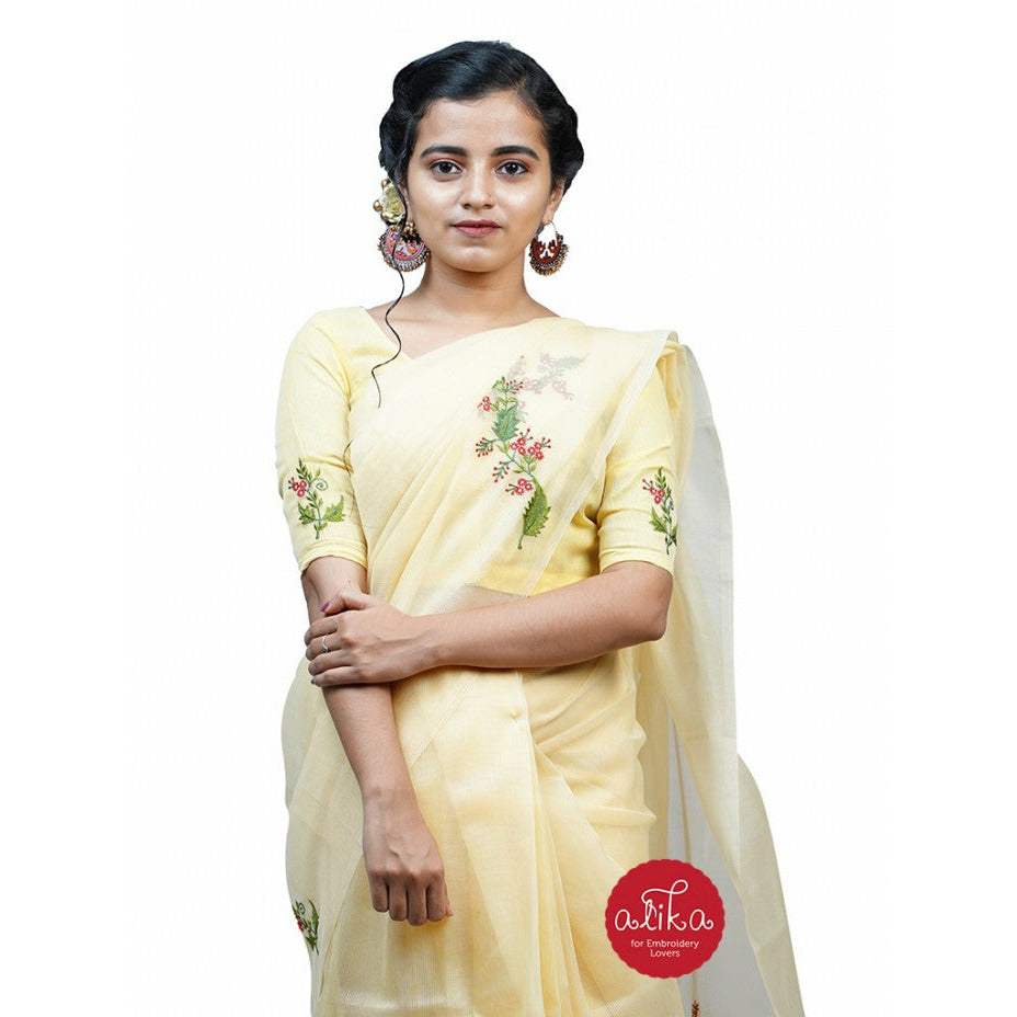 Lemon Yellow Saree with Floral Embroidery
